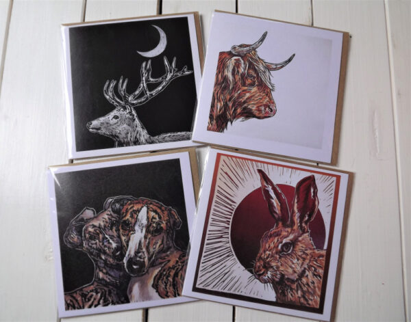 Pack of four blank cards from original lino prints by Sarah Cemmick