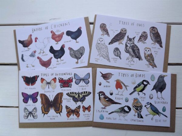 Selection of four blank greetings cards by Becca Hall. The cards are printed on 100% recycled card.
